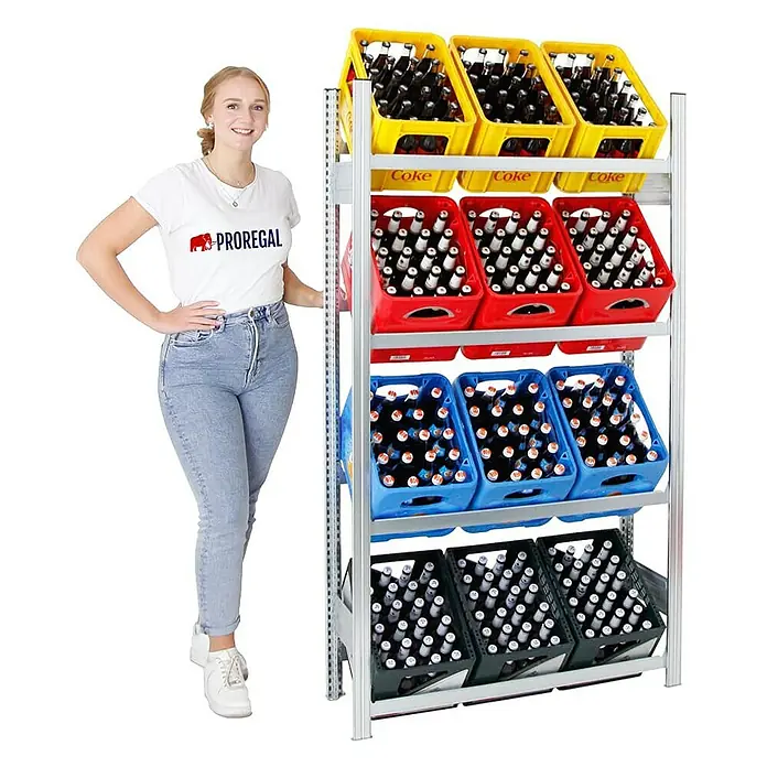 Proregal Getränkekistenregal CHIEMSEE - H x B x T: 185 x 106 x 34 cm, Traglast pro Boden: 100 kg, Anzahl Böden: 4 Stk., Stecken, Verzinkt