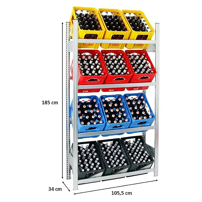 Proregal Getränkekistenregal CHIEMSEE - H x B x T: 185 x 106 x 34 cm, Traglast pro Boden: 100 kg, Anzahl Böden: 4 Stk., Stecken, Verzinkt