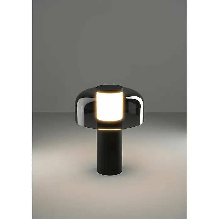 Lámpara de sobremesa LED redonda Ponente - 2,25 W, Ø x Al: 16 x 20 cm, Negro, Blanco cálido - Lámpara de mesa moderna con una pantalla cilíndrica y una carcasa semicircular brillante, que emite una luz cálida y acogedora.