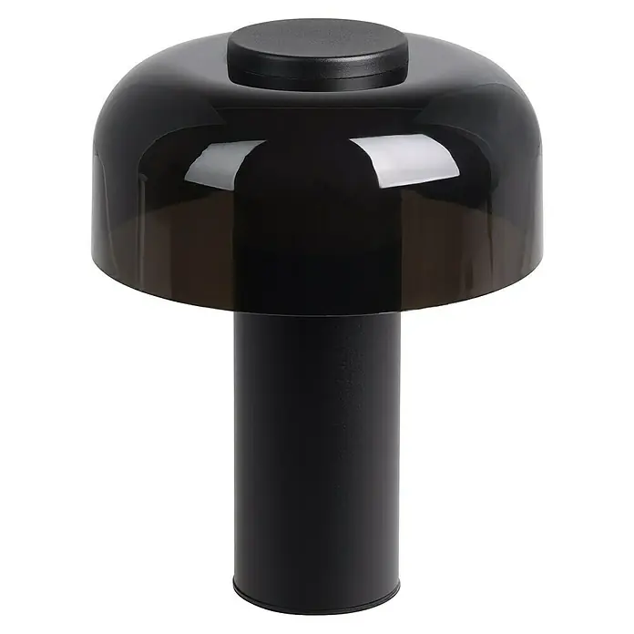 Lámpara de sobremesa LED redonda Ponente - 2,25 W, Ø x Al: 16 x 20 cm, Negro, Blanco cálido - Esta imagen muestra una lámpara de mesa negra moderna con base cilíndrica y pantalla en forma de cúpula.