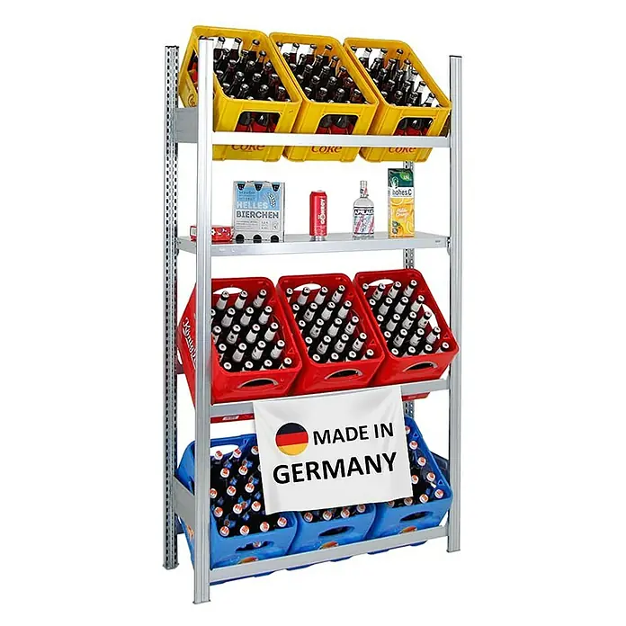 Proregal Getränkekistenregal CHIEMSEE - H x B x T: 185 x 106 x 34 cm, Traglast pro Boden: 100 kg, Anzahl Böden: 3 Stk., Stecken, Verzinkt