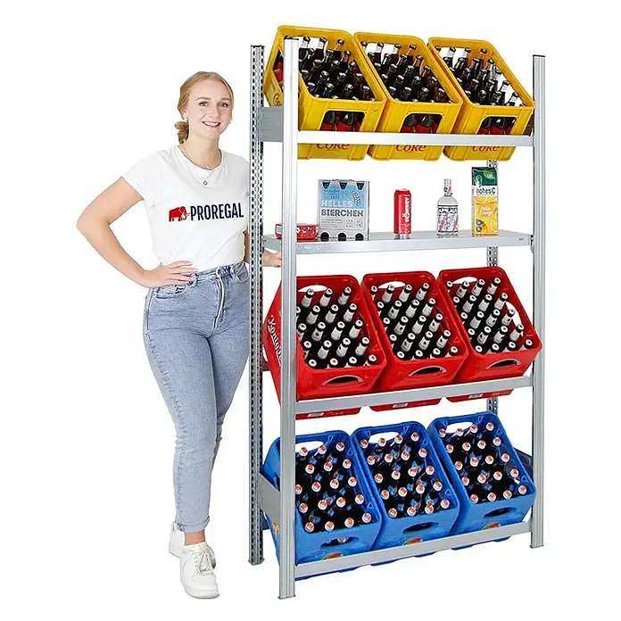 Proregal Getränkekistenregal CHIEMSEE - H x B x T: 185 x 106 x 34 cm, Traglast pro Boden: 100 kg, Anzahl Böden: 3 Stk., Stecken, Verzinkt