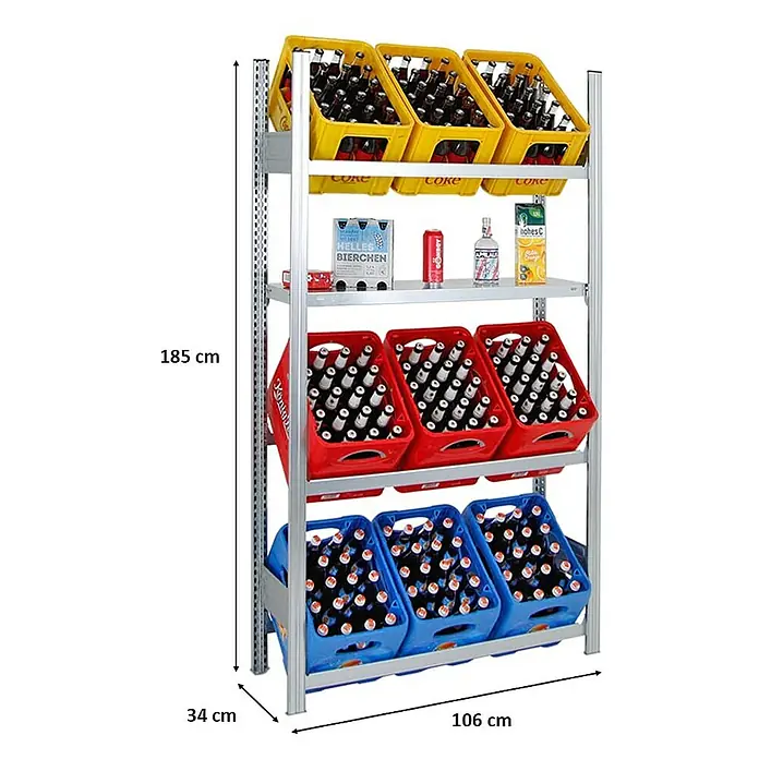 Proregal Getränkekistenregal CHIEMSEE - H x B x T: 185 x 106 x 34 cm, Traglast pro Boden: 100 kg, Anzahl Böden: 3 Stk., Stecken, Verzinkt