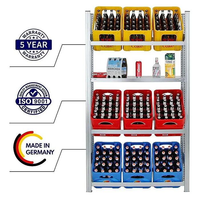 Proregal Getränkekistenregal CHIEMSEE - H x B x T: 185 x 106 x 34 cm, Traglast pro Boden: 100 kg, Anzahl Böden: 3 Stk., Stecken, Verzinkt