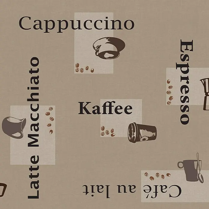 D-c-fix Manhattan Tischdecke Meterware Cappuccino - Breite: 140 cm, Cappuccino/Schoko - Beige Tischdecke mit verschiedenen Kaffeesorten wie Cappuccino, Espresso und Latte Macchiato, verziert mit Kaffeebohnen und Kaffeetassen.