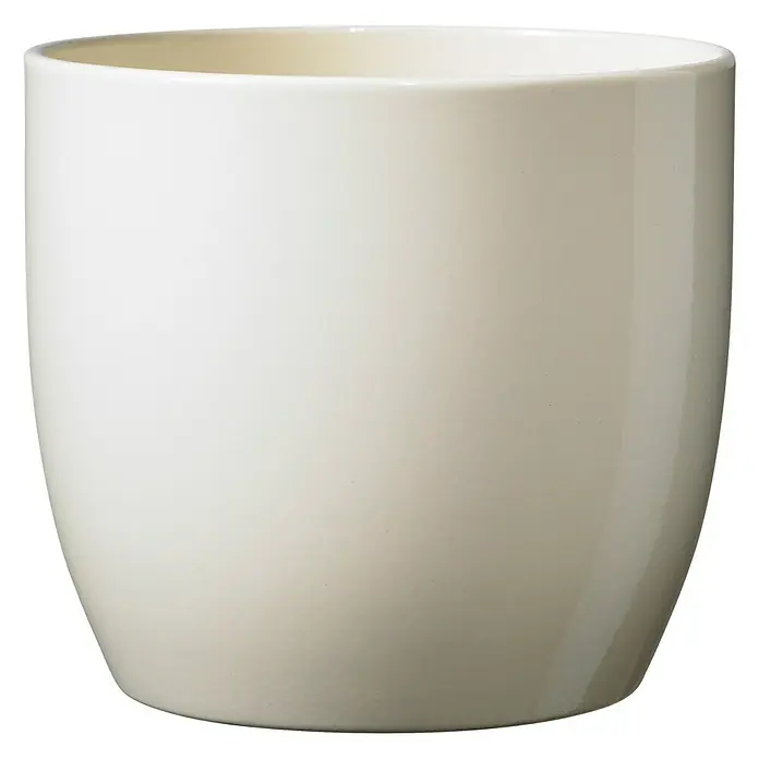 SK Übertopf rund Basel Full Colore - Außenmaß (Ø x H): 8 x 7 cm, Vanilla, Keramik, Glänzend - Nahaufnahme eines schlichten, beigefarbenen Übertopfes mit abgerundeter Form, der eine sanfte Eleganz ausstrahlt.