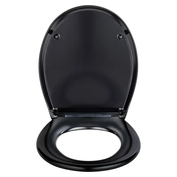 Camargue WC-Sitz Modena - Duroplast, Schwarz, Mit Absenkautomatik - Das Bild zeigt einen schwarzen Toilettensitz, der leicht geöffnet ist. Der Sitz und der Deckel sind aus glänzendem Material gefertigt.