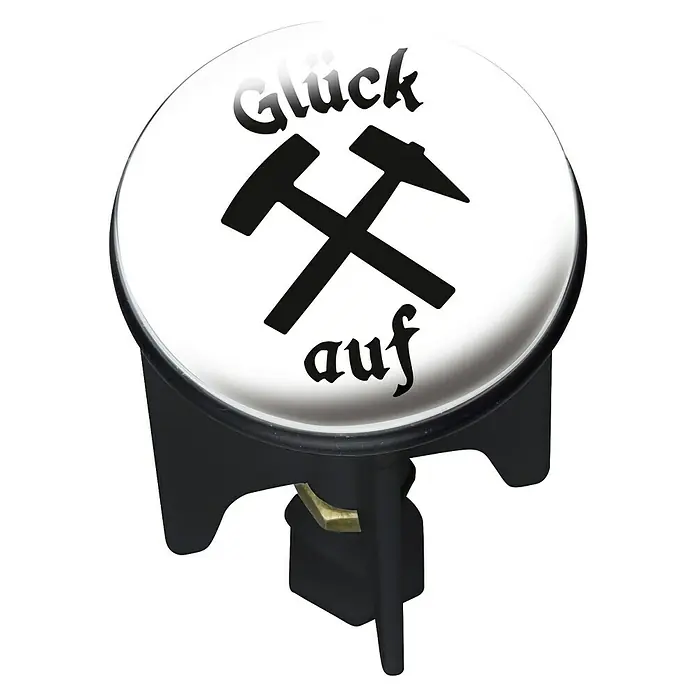 Wenko Design-Excenterstopfen - Bergleute, Durchmesser: 3,9 cm - Glück Auf Abflussstöpsel: Ein runder Abflussstöpsel mit Glück Auf Motiv, das traditionelle Symbol des Bergbaus, auf weißem Grund.