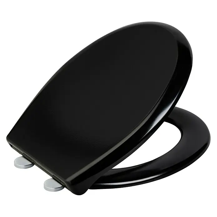 Camargue WC-Sitz Modena - Duroplast, Schwarz, Mit Absenkautomatik - Schwarzer Toilettensitz mit glänzender Oberfläche und Chromdetails, ideal für moderne Badezimmer.