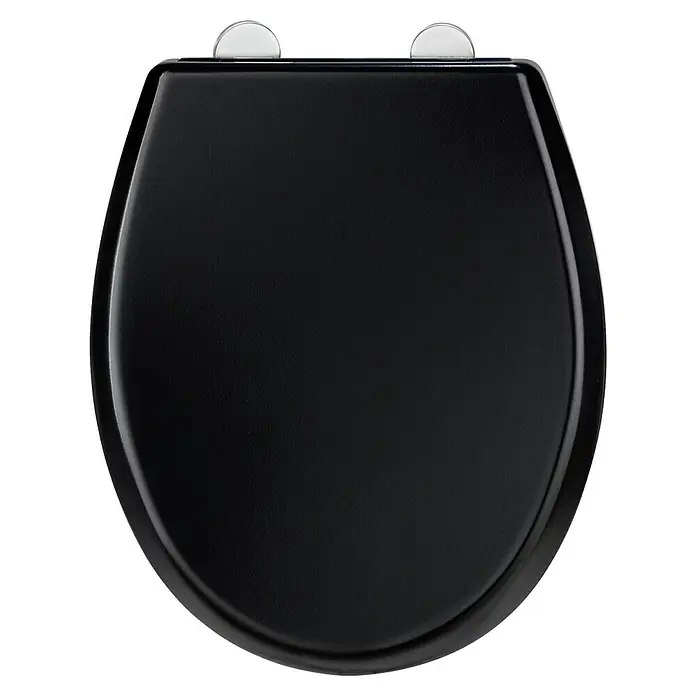 Camargue WC-Sitz Modena - Duroplast, Schwarz, Mit Absenkautomatik - Schwarzer Toilettensitz mit glatter Oberfläche und silbernen Scharnieren für eine elegante Badezimmerausstattung.
