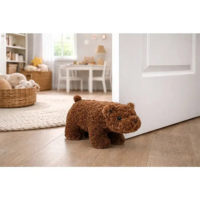 Versa Tope de puerta Oso - L x An x Al: 29 x 12 x 18 cm, Marrón - Un tope de puerta acogedor con forma de oso marrón frente a una puerta blanca sobre un piso de madera clara en la habitación de un niño.