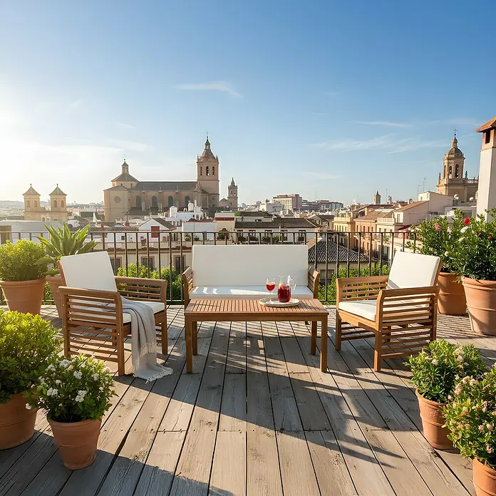 Sunfun Conjunto de muebles México - 4 pzs., Madera de acacia, Marrón/Antracita - Elegante conjunto de muebles de exterior en una terraza en la azotea con vistas a la ciudad. El conjunto incluye un sofá, dos sillas y una mesa de madera.