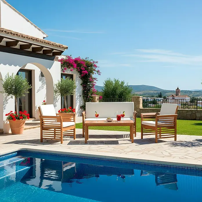 Sunfun Conjunto de muebles México - 4 pzs., Madera de acacia, Marrón/Antracita - Conjunto de muebles de jardín de madera con sillones y banco junto a la piscina. Diseño elegante para relajarse al aire libre.