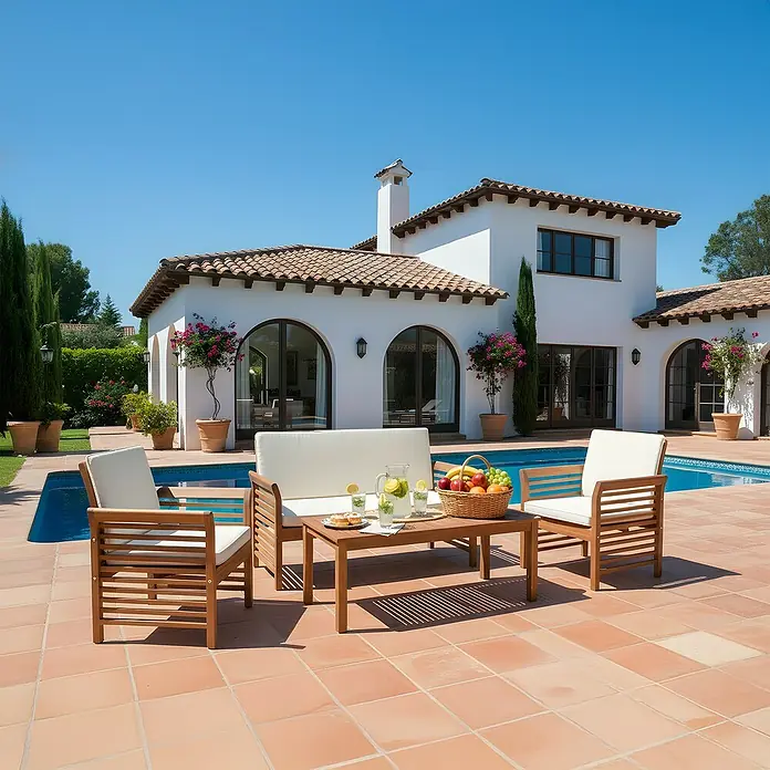 Sunfun Conjunto de muebles México - 4 pzs., Madera de acacia, Marrón/Antracita - La imagen muestra un elegante conjunto de muebles de jardín de madera con cojines blancos, que invita a la relajación al aire libre. Ideal para terrazas.