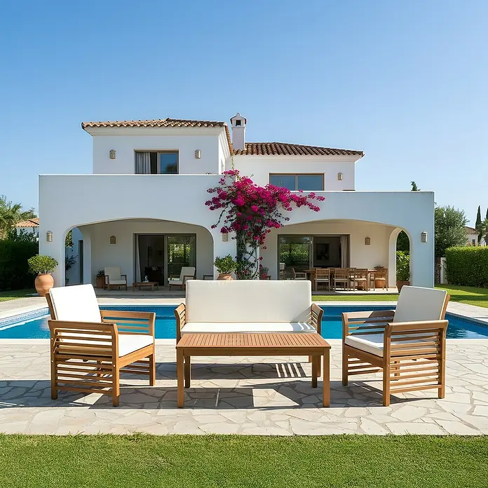 Sunfun Conjunto de muebles México - 4 pzs., Madera de acacia, Marrón/Antracita - Atractivo conjunto de muebles de jardín de madera junto a una piscina, ideal para relajarse al aire libre. Incluye sillas, banco y mesa.