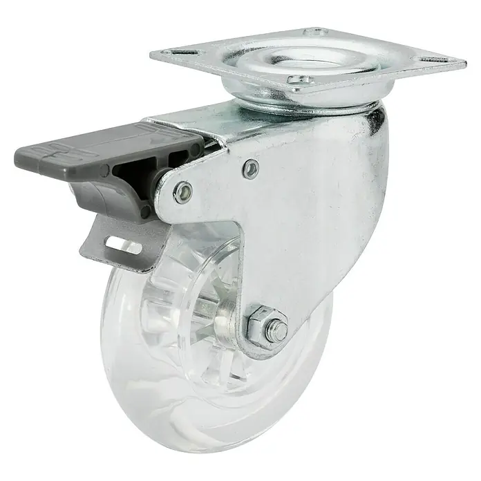 Dörner & Helmer Design-Lenkrolle - Durchmesser Rollen: 75 mm, Traglast: 50 kg, Gleitlager - Rollbarer Lenkrolle mit Bremse. Die transparente Rolle ist an einer stabilen, silberfarbenen Halterung befestigt, ideal für Möbel und Geräte.
