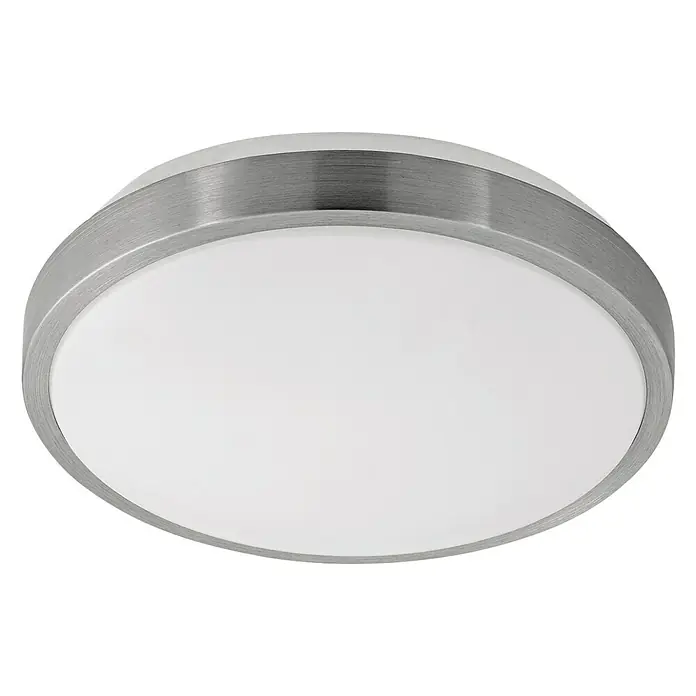Eglo LED-Wand- & Deckenleuchte Competa 1 - 22 W, Weiß/Silber, 245 mm - Nahaufnahme einer runden, flachen Deckenleuchte mit einem gebürsteten Aluminiumrahmen und einer weißen Diffusorabdeckung.