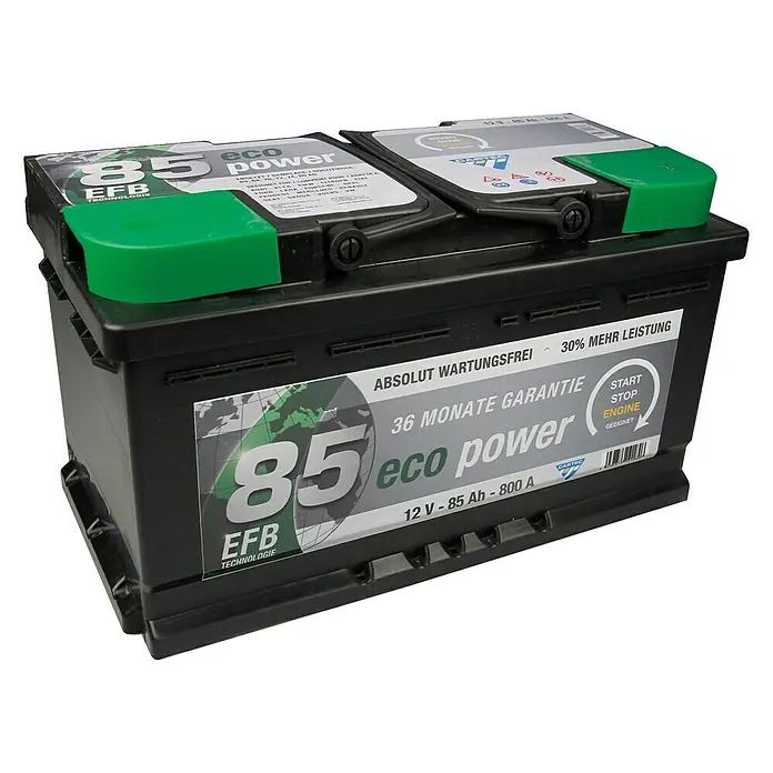 Cartec Autobatterie - 85 Ah, Spannung: 12 V - Ein schwarzer EFB Eco Power 85 Autobatterie, mit grünen Abdeckungen, ideal für Fahrzeuge mit Start-Stopp-System.