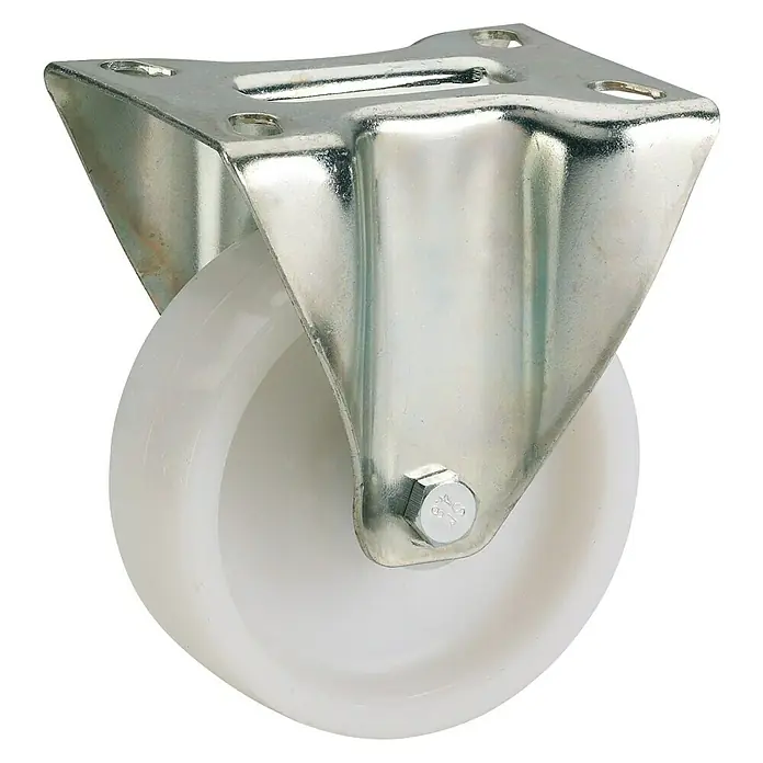 Stabilit Transportgeräte-Bockrolle - Durchmesser Rollen: 100 mm, Traglast: 200 kg, Gleitlager, Höhe: 128 mm, Material Rad: Polyamid - Eine Nahaufnahme eines Möbelrollers mit einer weißen Rolle und einer silbernen Metallhalterung mit Schrauben.