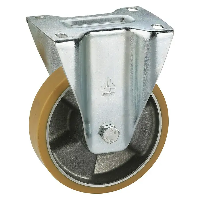 Dörner & Helmer Transportgeräte-Bockrolle - Durchmesser Rollen: 160 mm, Traglast: 300 kg, Material Reifen: Polyurethan-Vollmaterial, Mit Platte, Kugellager - Drehbare Lenkrolle mit gelbem Rad und verzinktem Stahlgehäuse für den flexiblen Einsatz in Industrie und Werkstatt.