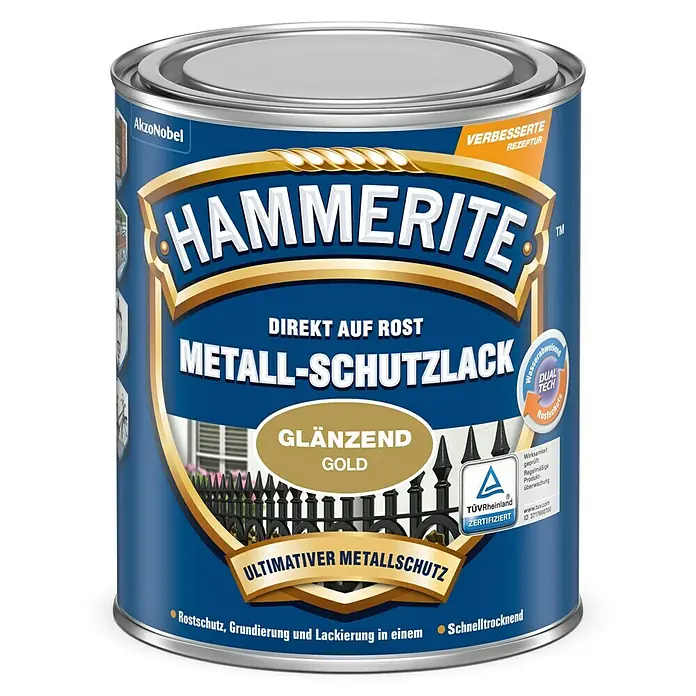 Hammerite Metall-Schutzlack - Gold, 250 ml, Glänzend, Lösemittelbasiert - Hammerite Metall-Schutzlack Dose in Gold glänzend, ideal für direkten Rostschutz und zur Metallveredelung mit ultimativem Schutz.