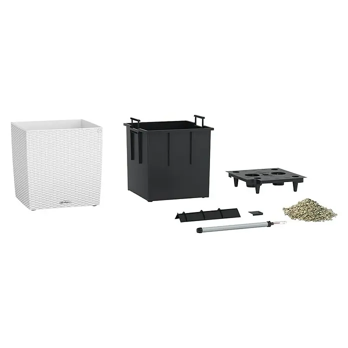 Lechuza Cottage Pflanzkübel eckig CubeAußenmaß (L x B x H): 30 x 30 x 30 cm, Kunststoff, Weiß - Ein Lechuza Cube Premium 30 Pflanzgefäß-Set mit Zubehör, einschließlich eines Einsatzes, eines Bewässerungssystems und Blähton.