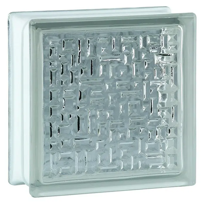 Fuchs Design Bloque de vidrio Pure - Claro, 19 x 19 x 8 cm - Primer plano de un bloque de vidrio texturizado con un patrón laberíntico, ideal para la difusión de la luz.