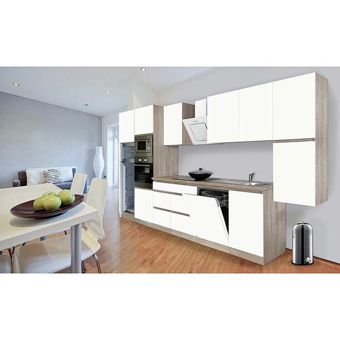 Respekta Premium Küchenzeile GLRP395HESWMGKE (Breite: 395 cm, Mit Elektrogeräten, Weiß matt)