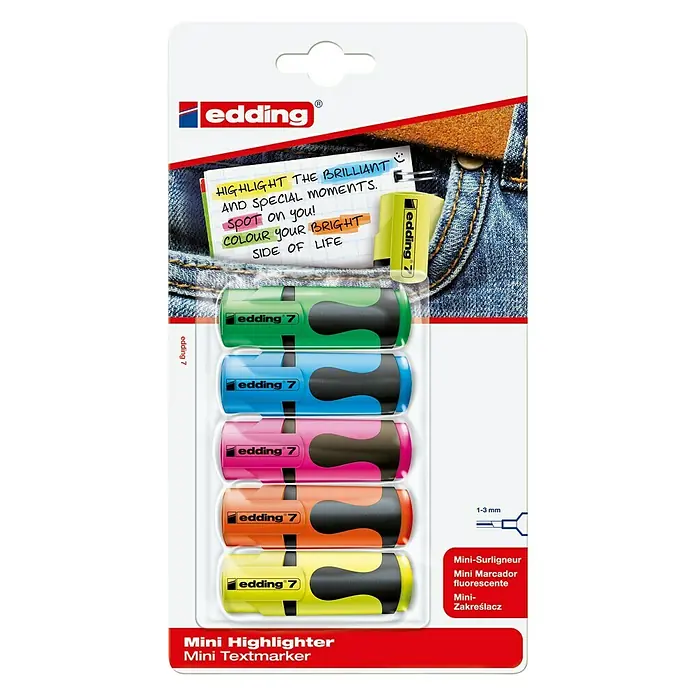 Edding Textmarker 7 - Neongrün/Neonblau/Neonpink/Neonorange/Neongelb, 1 mm - 3 mm - Packung mit Edding Mini Textmarkern in verschiedenen Neonfarben, ideal zum Hervorheben wichtiger Textstellen.