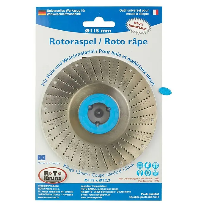 Roto Kruna Rotoraspel - 115 mm, Fein - Das Bild zeigt eine Rotationsraspel/Roto-Râpe, ein vielseitiges Werkzeug für Winkelschleifmaschinen, ideal für Holz und weiche Materialien.
