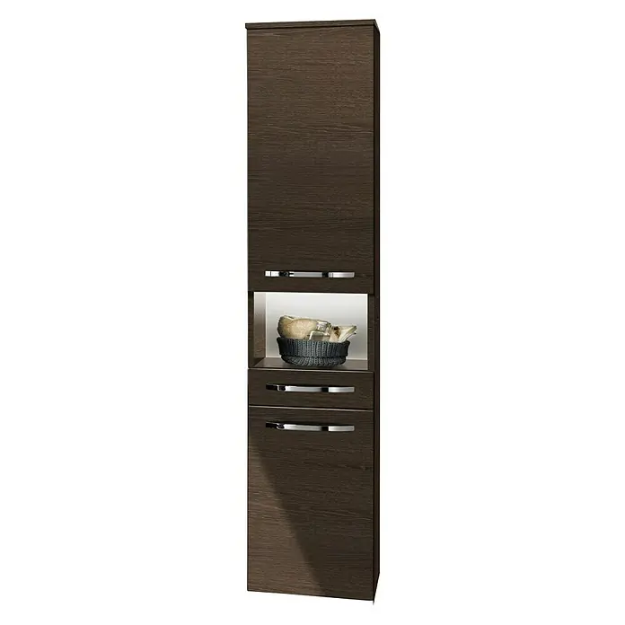 Camargue Star Hochschrank - 30,4 x 32,5 x 181,6 cm, Eiche Maron, DIN Anschlag: Rechts - Ein hochformatiger, schmaler Badezimmerschrank in dunklem Holzton mit offenen Regalen und Schubladen zur stilvollen Badaufbewahrung.
