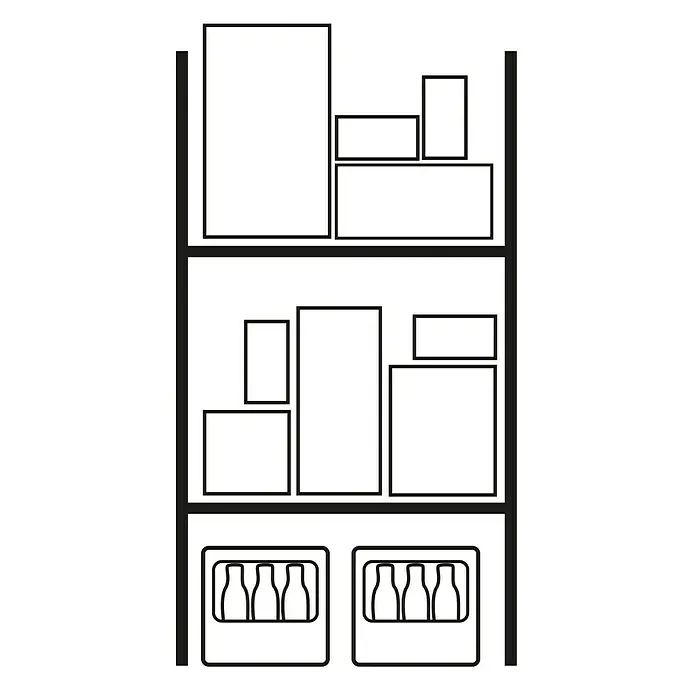 Scholz System Reifenregal - H x B x T: 192 x 105 x 32 cm, Traglast pro Träger: 150 kg, Anzahl Böden: 1 Stk., Stecken, Silber - Ein Kühlschrank mit verschiedenen Produkten, von Getränken bis hin zu Lebensmitteln, ordentlich in Regalen verstaut.