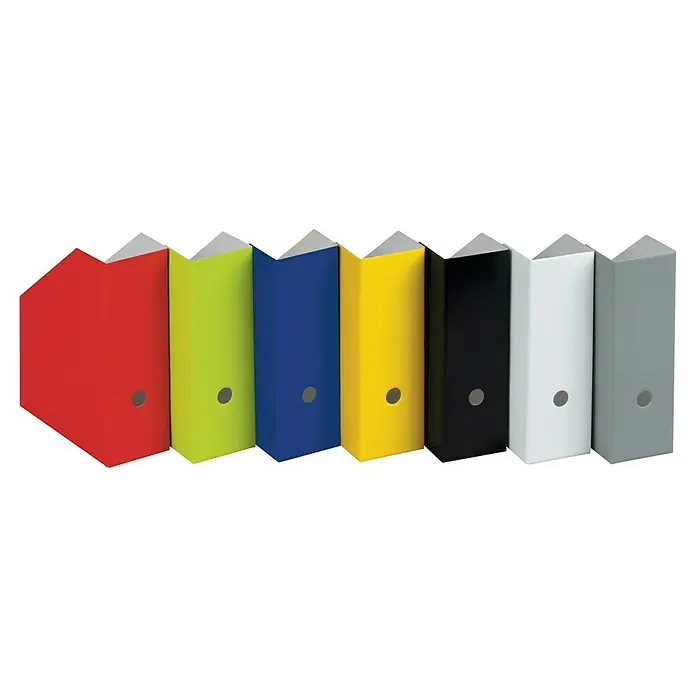Nips Zeitschriftenbox - L x B x H: 26,5 x 10,5 x 31,5 cm, 5 Stk., Lila - Eine Reihe bunter Ordner, von Rot bis Grau, stehen aufgereiht und präsentieren ihre leuchtenden Farben und die praktische Lochung.