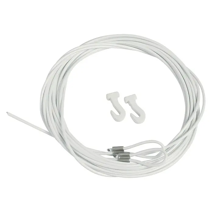 Nielsen Stahlseil - L x B: 200 cm x 1,5 mm, Passend für: Nielsen Galerieschiene Economy/Profi, Mit Schlaufe und Gleithaken - Ein weißes Bildaufhängungsset mit Draht, Aufhängern und Crimp-Loops für einfache Installation und vielseitige Anwendungen.