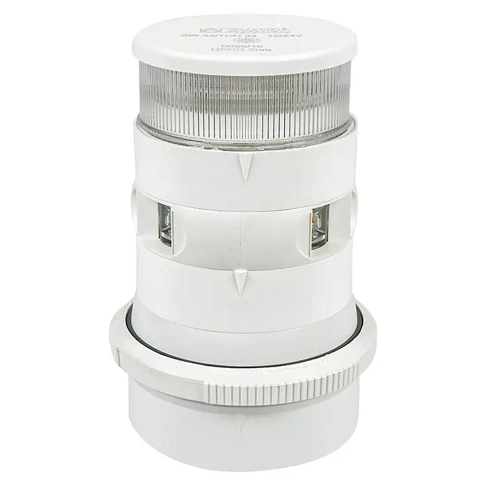 Aqua Signal Serie 34 Dreifarben-Navigationslaterne - LED, Tragweite: 2 sm, 12 V - 24 V, Weiß - Nahaufnahme einer weißen Navigationsleuchte für Boote, die für Sicherheit auf dem Wasser sorgt.
