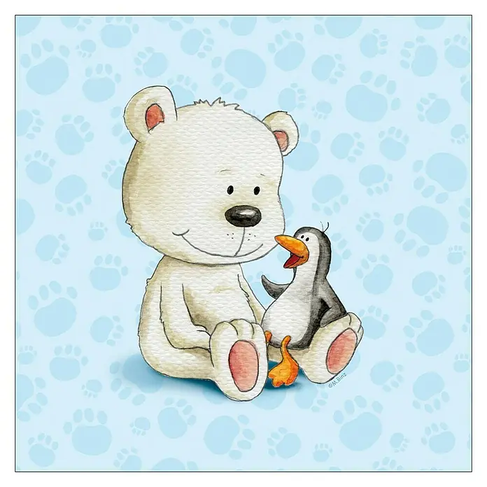 ProArt Leinwandbild Konventionel - Little Friends II, B x H: 30 x 30 cm - Entzückendes Bild eines Eisbären und eines Pinguins, die zusammen sitzen, auf einem blauen Hintergrund mit Pfotenabdrücken. Ein tolles Kinderzimmerdekor.