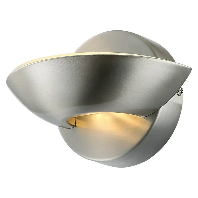 Globo LED-Wandleuchte Sammy - 7,5 W, Nickel matt, Warmweiß - Nahaufnahme einer modernen, runden Wandleuchte aus gebürstetem Nickel, die ein warmes, nach unten gerichtetes Licht ausstrahlt und für stilvolle Akzente sorgt.