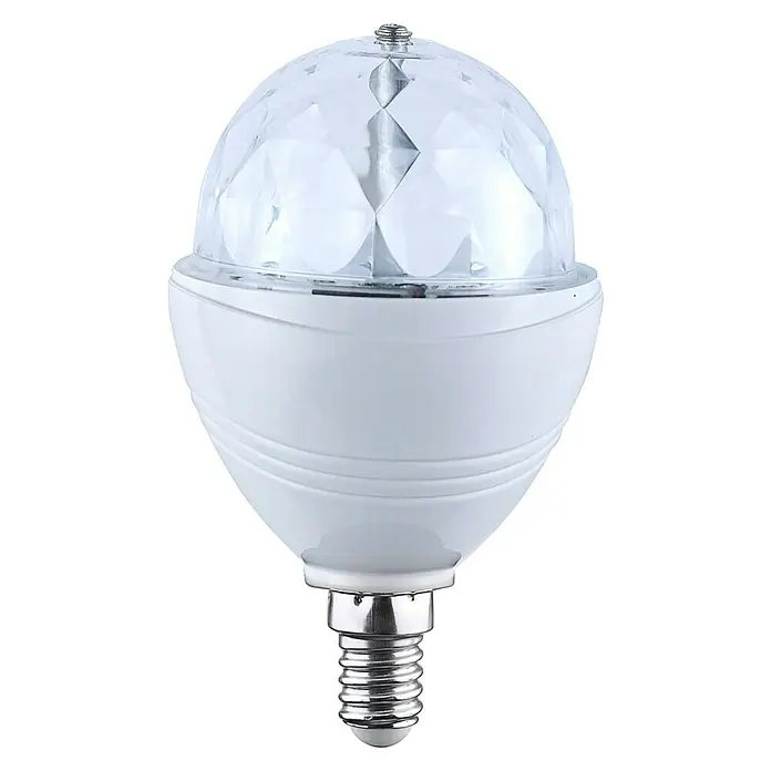 LED-Lampe Disco-Kugel - E14, Nicht Dimmbar, RGBW, 180 lm, 3 W - Nahaufnahme einer rotierenden LED-Discokugel-Lampe mit E14-Gewinde und weißem Gehäuse. Ideal für Partys und stimmungsvolle Beleuchtung.