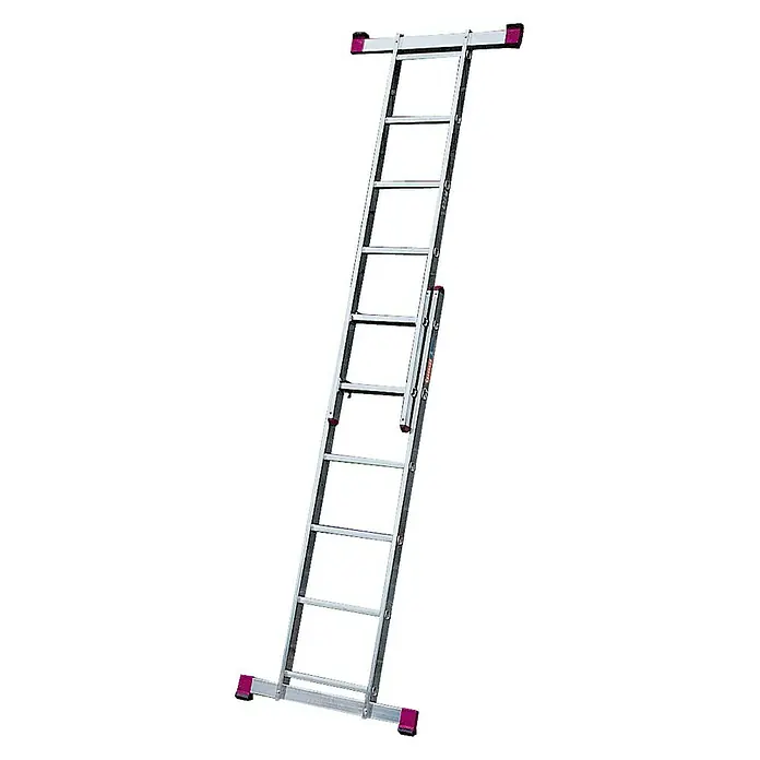 Krause Corda Andamio metálico - Altura de trabajo: 3,75 m, Número de peldaños: 12 ud., Capacidad de carga del andamio: 150 kg/m² - Una escalera multiusos plateada con detalles rojos se mantiene vertical, ofreciendo usos versátiles. Perfecta para casa y jardín.