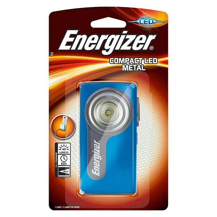 Energizer Linterna Compact - 119 x 26 x 216 mm, 21 lm - Linterna de bolsillo azul Energizer Compact LED Metal empaquetada con datos técnicos en el embalaje.