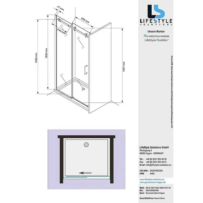 Glaszentrum Hagen Nischendusche 125x195 cm Schiebetür Duschtür ESG Glas - 125 x 195 cm, Eloxiert, TransparentTransparent, 8 mm