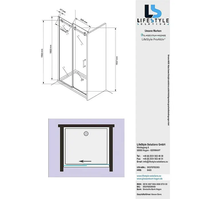 Glaszentrum Hagen Nischendusche 105x195 cm Schiebetür Duschtür ESG Glas - Eloxiert, TransparentTransparent, 8 mm