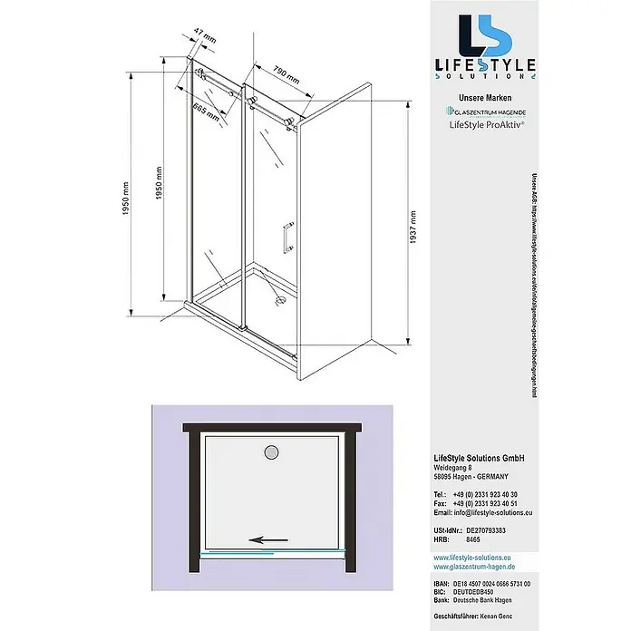 Glaszentrum Hagen Nischendusche 150x195 cm Schiebetür Duschtür ESG Glas - 150 x 195 cm, Eloxiert, TransparentTransparent, 8 mm