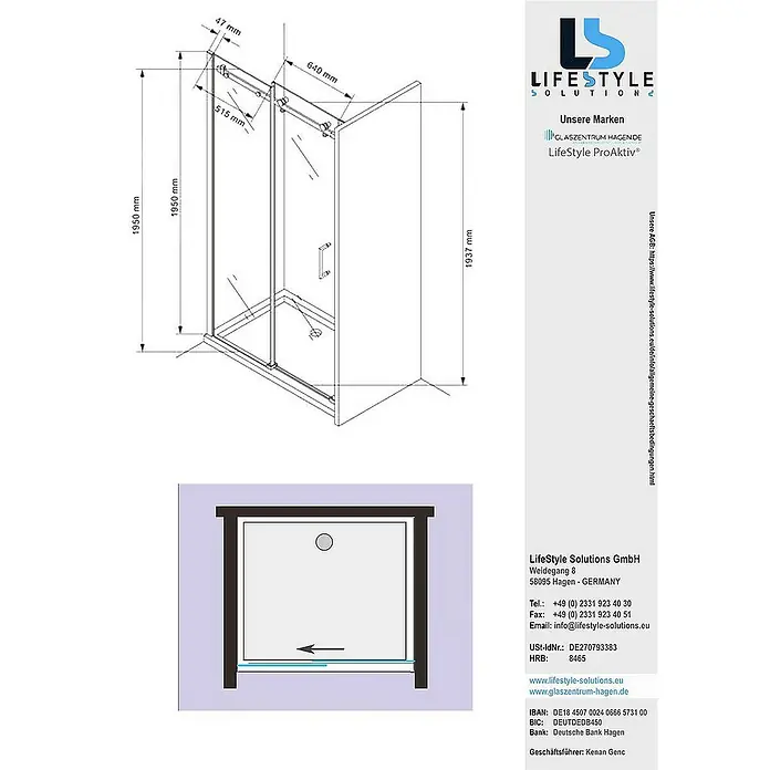 Glaszentrum Hagen Nischendusche 120x195 cm Schiebetür Duschtür ESG Glas - 120 x 195 cm, Eloxiert, TransparentTransparent, 8 mm