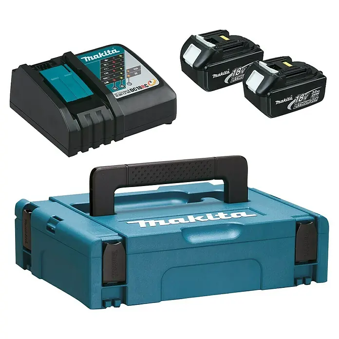 Makita LXT 18V Batería y cargador Power Source Kit - 2 baterías, 18 V, Iones de litio, 3 Ah - Caja de herramientas Makita con dos baterías de 18V y un cargador. Perfecto para transportar y guardar herramientas y accesorios.