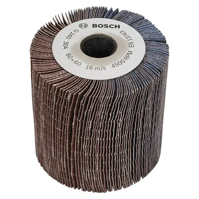 Bosch Rodillo de lija multihoja LR 60 K240 - Ancho: 60 mm, Grano: 240 mm - Una rueda de láminas Bosch, una herramienta para pulir y lijar superficies, con el logotipo de Bosch y especificaciones técnicas.