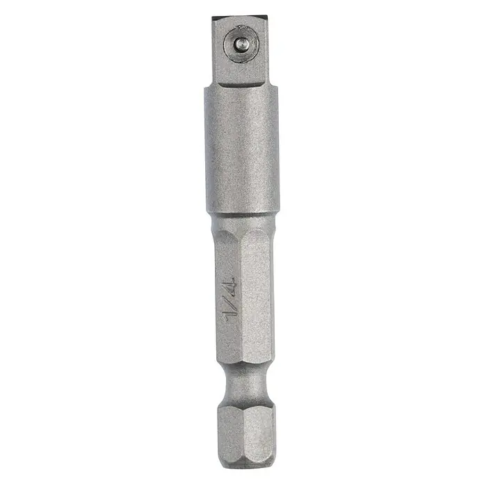 Bosch Steckschlüsseleinsatz-Adapter - Antriebsgröße: ¼″ Außensechskant, Abtriebsgröße: ¼″ Außenvierkant - Aufnahmeadapter für Bohrmaschine. Der Adapter ist silberfarben und hat eine ¼-Zoll-Größe, um eine Vielzahl von Bits aufzunehmen.