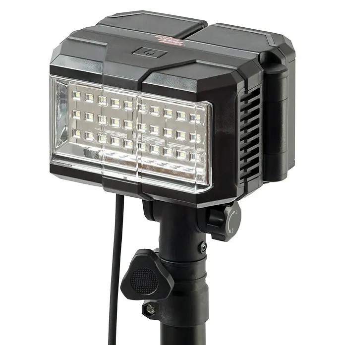 Profi Depot LED-Strahler - 42 W, 4.000 lm, 6.500 K, IP54 - Bild einer schwarzen LED-Arbeitsleuchte auf einem Stativ, ideal für Baustellen oder Heimwerkerprojekte.
