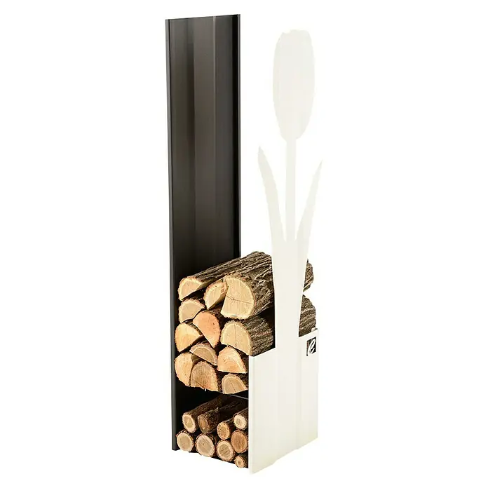 Holzkorb Fiore B - 30 x 27 x 110 cm, Stahl, Schwarz/Weiß - Ein dekorativer Kaminholzständer mit Tulpenmotiv, ideal für die stilvolle Aufbewahrung von Holzscheiten neben dem Kamin.