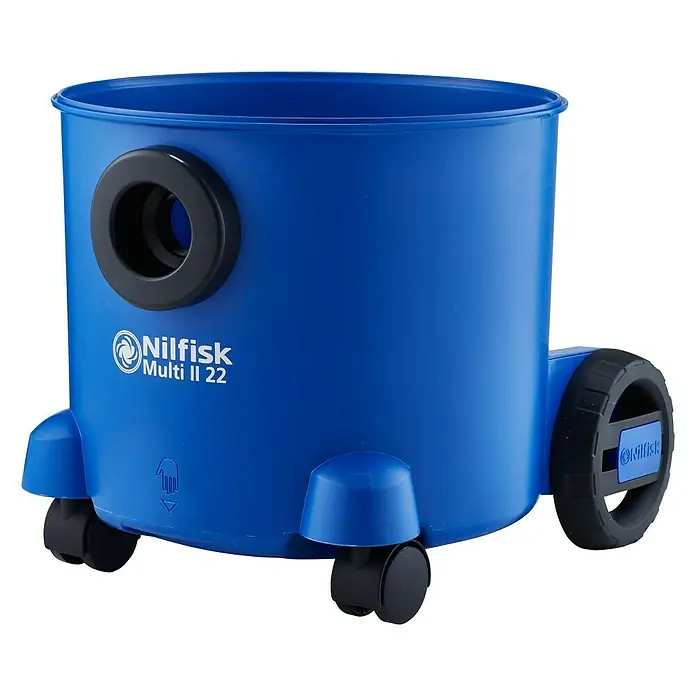Nilfisk Elektro-Nass- & Trockensauger Multi II 22 - 1.200 W, Behältervolumen: 22 l - Blauer Nilfisk Multi II 22 Nass- und Trockensauger mit Rädern und schwarzem Schlauchanschluss. Praktisches Design für vielfältige Reinigungsaufgaben.